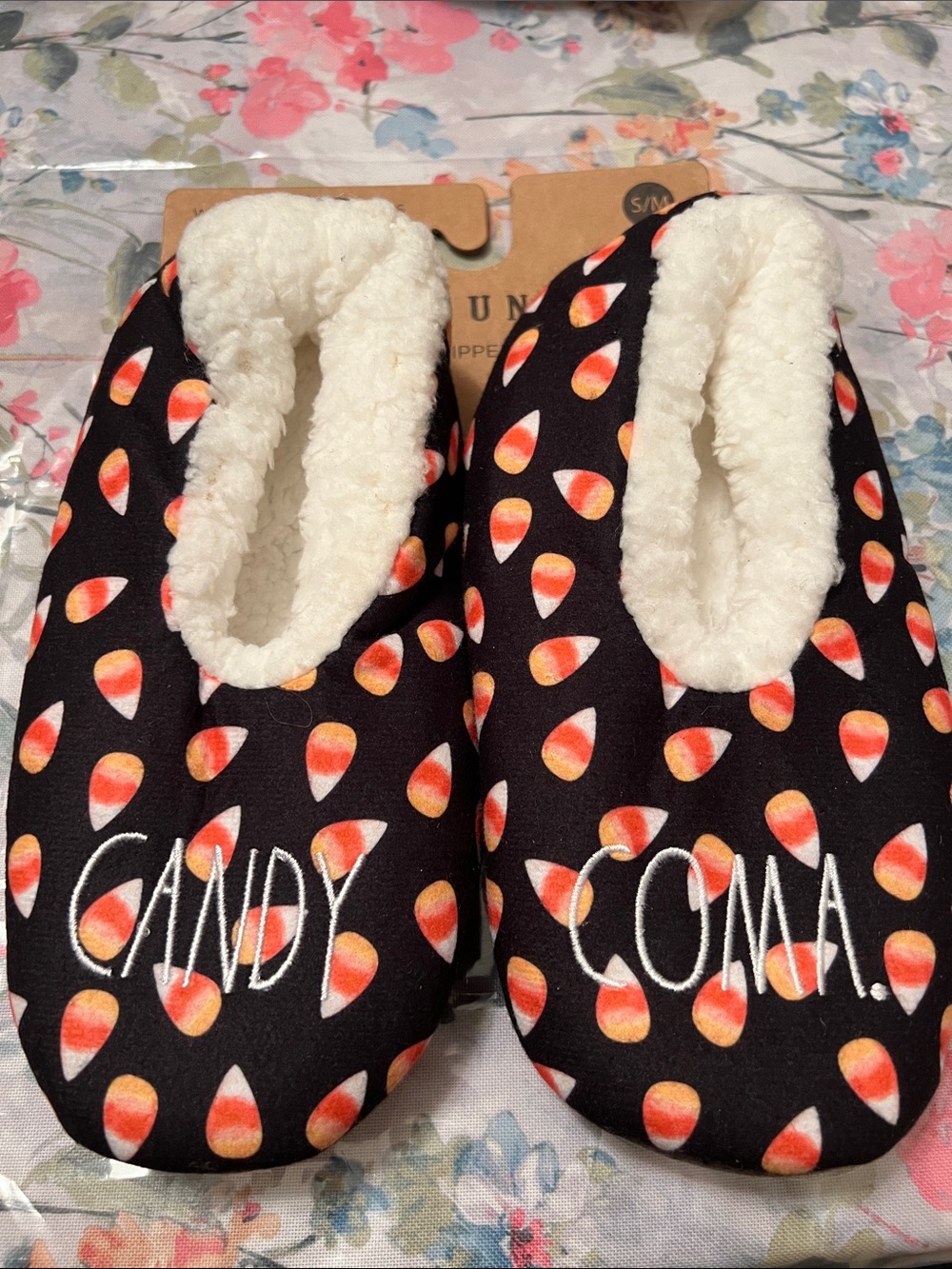Rae Dunn Black Candy Corn “CANDY COMA” Print Slip-On Slippers New